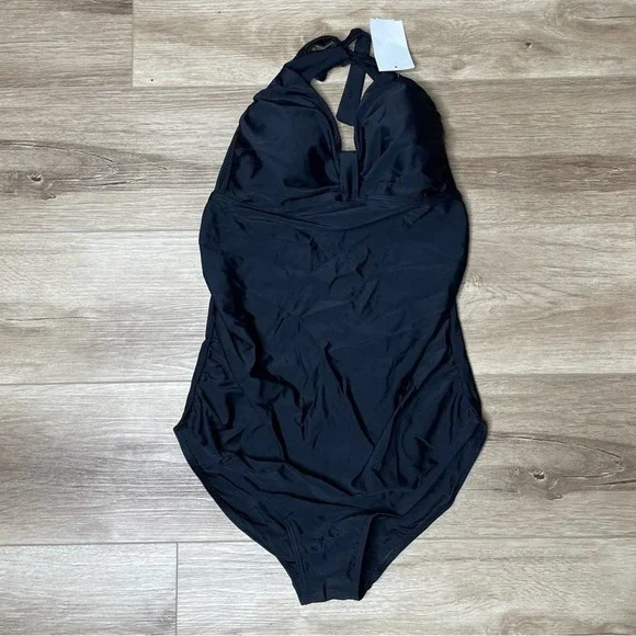 Kimi + Kai Women's Solid Black Tie Back Halter Neck One Piece Swimsuit sz M - Picture 2 of 5